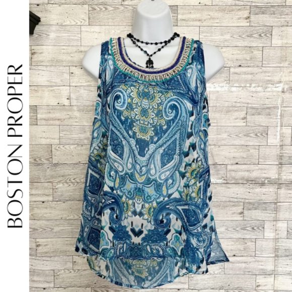 Boston Proper Tops - BOSTON PROPER Blue & White Paisley Beaded Tank Top - Size M